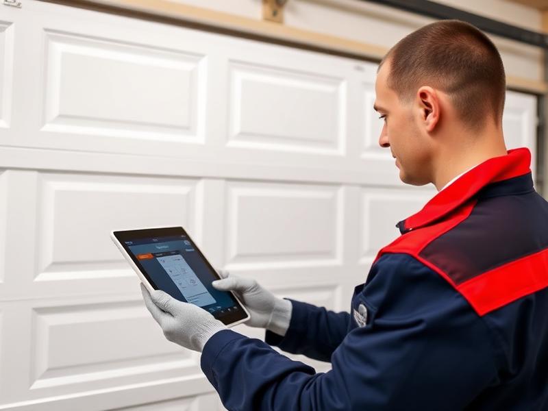 Professional garage door technician with tablet performing digital inspection