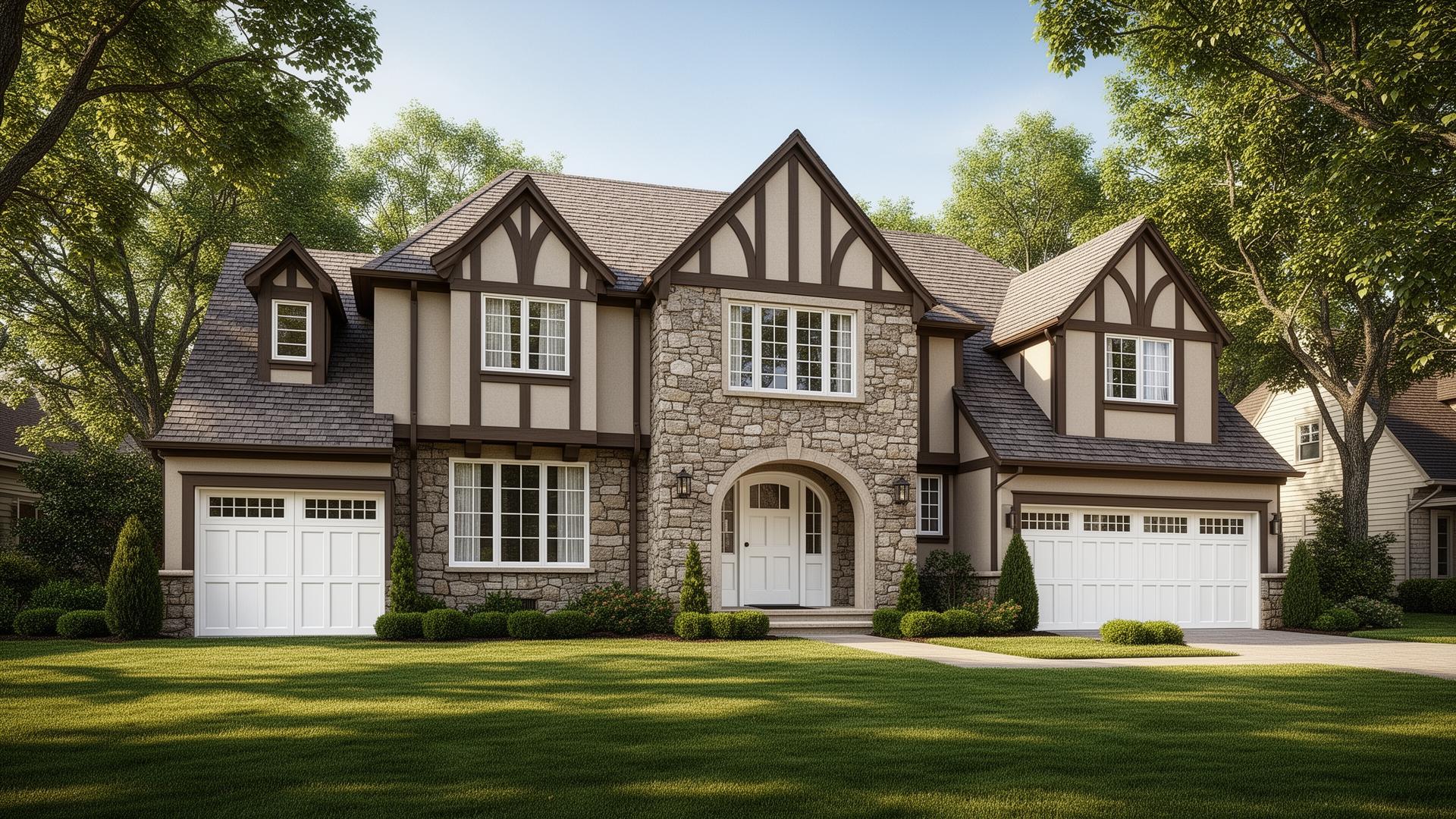 Beautiful Tudor home with white raised panel garage doors in Spruce Pine NC
